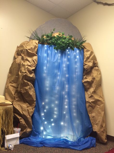 Journey of the map, VBs, 2015, Easthaven, waterfall Vbs Diy Decorations, Breaker Rock Beach Vbs 2024 Decorations Classroom, Wildlive Vbs, Fake Waterfall, Camping Vbs, Vbs Jungle, Waterfall Decoration, Camp Vbs, 2024 Classroom