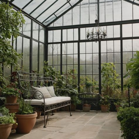 A serene garden room with a greenhouse effect, featuring glass walls, abundant potted plants, and a wrought-iron bench for a peaceful connection with nature. #GardenRoom #Greenhouse #GlassWalls #PottedPlants #WroughtIronBench Indoor Greenhouse Room, Greenhouse Window, Greenhouse Cafe, Wrought Iron Bench, Cottagecore Garden, Industrial Windows, Serene Garden, Connection With Nature, Indoor Greenhouse