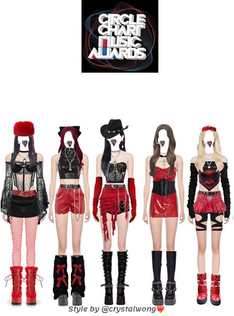 5 members group outfit ideas | #kpopdebut #kpopfakegroup 5 Member Kpop Girl Group Outfits, 7 Member Girl Group Outfits, Group Outfit Ideas, 5 Member Girl Group Outfits, Nct Heart, Red Fishnet Tights, Girl Group Outfits, Ateez Concert, Black Leather Corset