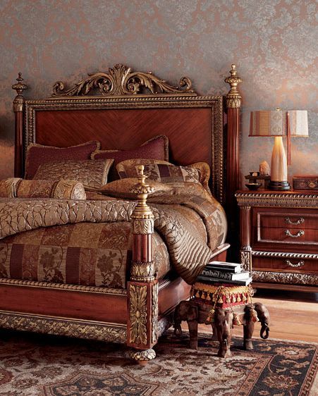 ✅ Pulaski Bellissimo king bed & nightstands from Horchow / Neiman Marcus. Made of birch hardwood with a mahogany finish and decorative resin details with gold gilt highlights. KING BED: 94"L x 84"W; headboard is 73"T; footboard is 41"T. NIGHTSTAND: 32"T x 34"W x 18"D. ARMOIRE: 84"T x 48"W x 25"D. QN BED: 94" L x 67" W. Dressing Design, King Sized Bedroom, Wood Bedroom Furniture, Traditional Bed, Bedroom Furnishings, Hotel Luxury, King Bedroom Sets, Bed Furniture Design, Bedroom Bed Design