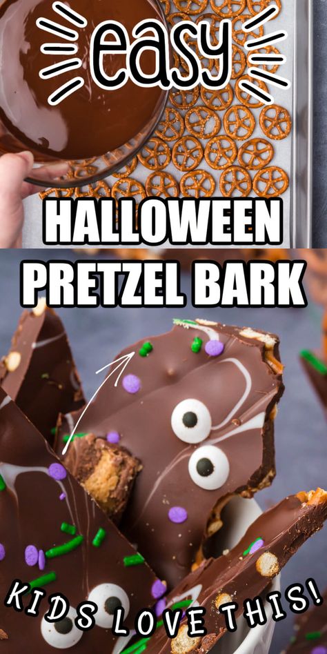 Pretzel Bark is the best Halloween treat! Kids love this colorful and fun bark and it's so easy they can make it themselves. It's a simple Halloween pretzel bark recipe that's scary good - and scarily easy to make! Chocolate Pretzels Halloween, Halloween Bark Recipes, Pretzel Bark Recipes, Halloween Candy Bark, Halloween Potluck, Halloween Bark, Pretzel Bark, Halloween Pretzels, Pretzel Desserts