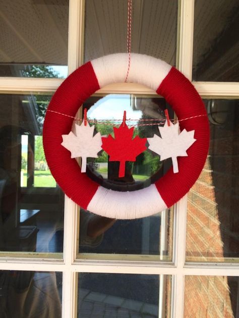 A Canada Day wreath I made to celebrate Canada's 150th #canadaday #yarnwreath #canada150 Canada Day Wreath, Canada Day Crafts, Canada Day Party, Camp Site, Yarn Wreath, Easy Arts And Crafts, Diy Wreaths, Canada Day, Wreath Ideas