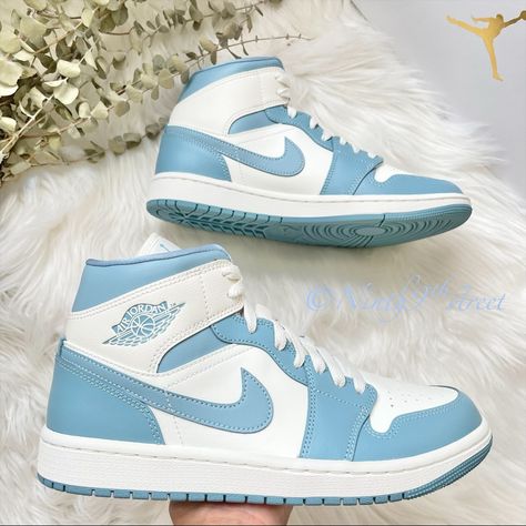 Jordan 1 Mid Unc Price Firm/No Offers Color: Sail/Worn Blue-Sail Style Code: Bq6472-141 Authentic - Proof Of Purchase In Photos If Unsure Of Fit, I Suggest Comparing International Sizing With Your Personal Sneakers * *Sale Is Final Especially If Security Tags Are Tampered Or Removed** Cute Jordan 1s, Jordan 1 Mid Unc, Womens Nike Shoes, Sneakers Sale, Pretty Sneakers, Nike Shoes Air Force, Preppy Shoes, Pretty Shoes Sneakers, Jordan Shoes Retro