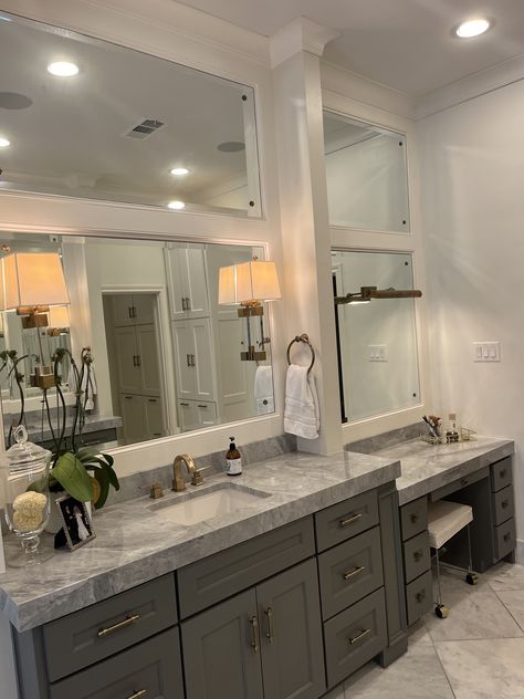 Double Vanities With Makeup Area, Vanity Restroom Ideas, Single Sink Vanity With Makeup Counter, Double Sink With Vanity On Side, Master Bathrooms With Vanity, Bathroom Mirrors And Lights Double Sinks Master Bath Vanity, Bathroom Remodel With Vanity, Master Bath Corner Vanity, Bathroom Makeup Counter