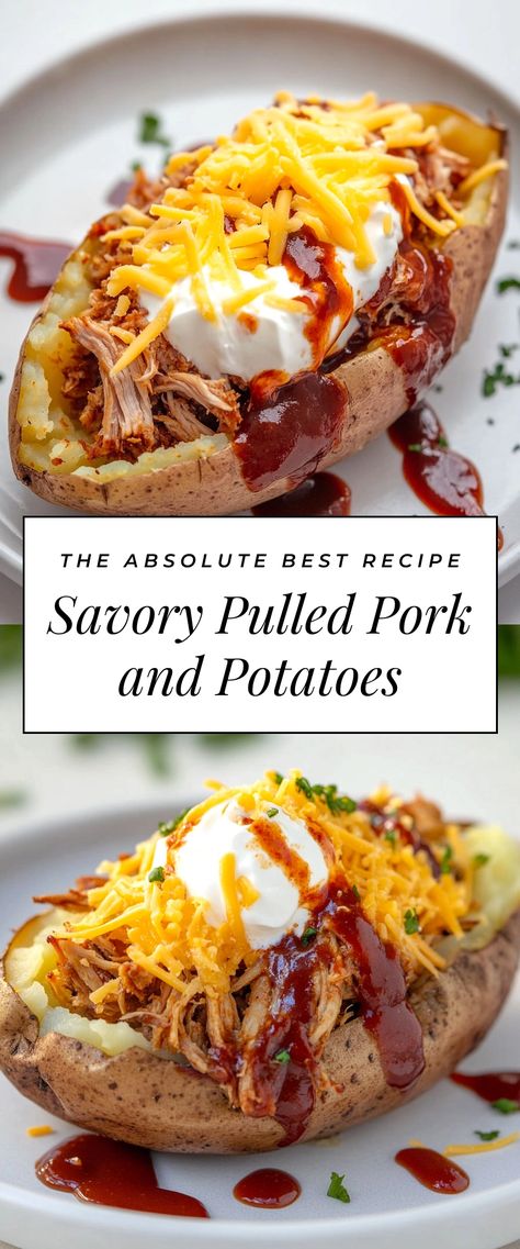 Image for Savory Pulled Pork and Potatoes Bbq Pork Baked Potato, Shredded Pork And Potatoes, Meals With Leftover Pulled Pork, Pulled Pork Party Menu Ideas, Pulled Pork Loaded Baked Potato, Pulled Pork Baked Potato Recipes, Pulled Pork Wedding Buffet, Pulled Pork And Potatoes, Pulled Pork And Rice