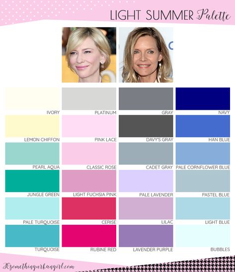 Best colors for the Light Summer seasonal color palette women. I updated the color palette with the names of the shades. Summer Seasonal Color Palette, Light Summer Style, Color Analysis Summer, Summer Skin Tone, Cool Summer Palette, Light Summer Color Palette, Seasonal Color Palette, Summer Color Palettes, Mode Ab 50