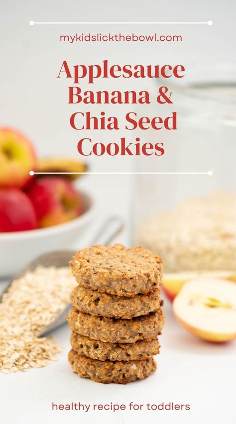 A tower of four oat cookies on a bench top surrounded by pantry ingredients and apples. Chia Seed Cookies, Oatmeal Applesauce Cookies, Low Sugar Cookies, Toddler Cookies, Abc Cookies, Applesauce Cookies, Healthy Oatmeal Cookies, Banana Oatmeal Cookies, Banana Cookies