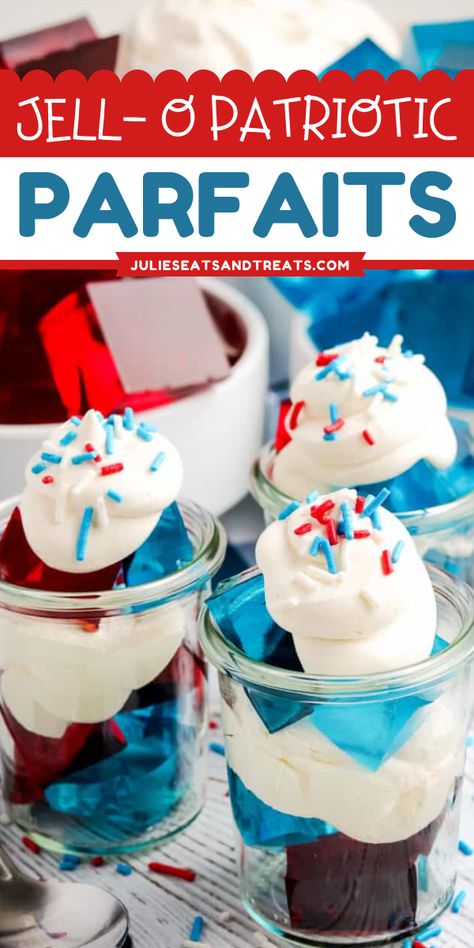 Easy to make party snack idea! This refreshing Jell-O Patriotic Parfaits recipe is a layer of red and blue Jell-O with Cool Whip. Prepare this snack food that kids will love! Jello Jigglers Recipe, Jello Parfait, Red White And Blue Desserts, Easy Desserts For Kids, Memorial Day Desserts, Jello Jigglers, Parfait Cups, 4th Of July Cake, Best Party Food