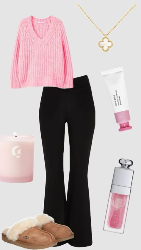 #outfitinspo Pink Outfit Inspo Casual, Pink Outfits Comfy, Comfy Pink Outfits, Pink Comfy Outfits, Outfit Ideas For School Comfy, Fall Outfits Pink, Pink Fall Outfits, Pink Sweater Outfit, Lazy Fits