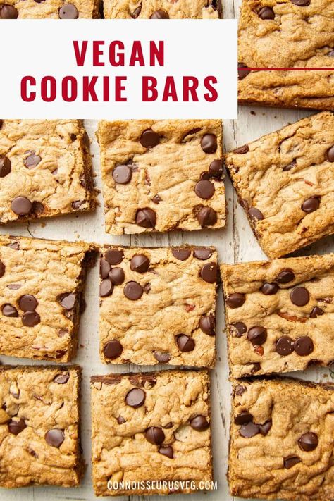 These vegan cookie bars are sweet, chewy, and studded with rich dark chocolate chips and crunchy pecans. So easy to make and so good with a big glass of almond milk! Vegan Chocolate Chip Cookie Bars, Vegan Chocolate Chip Bars, Vegan Cookie Bars, Vegan Dessert Bars, Vegan Chocolate Recipes, Vegan Cookie, Vegan Baking Recipes, Raw Vegan Desserts, Chocolate Chip Bars