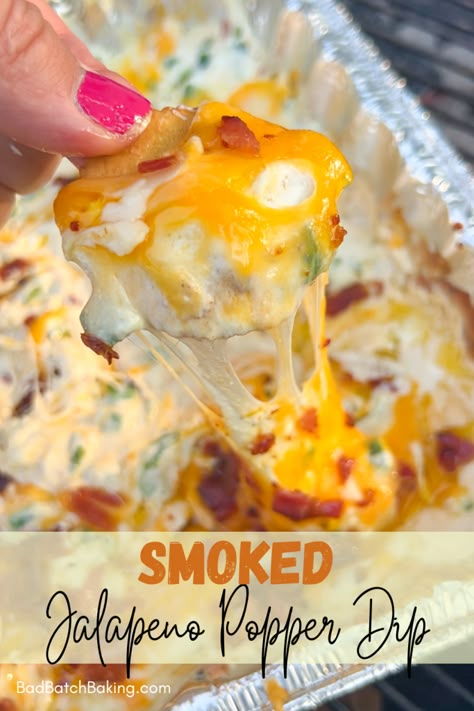 Smoked Jalapeño Popper Dip, Smoked Dip Ideas, Jalapeno Popper Dip With Bacon, Smoked Jalapeno Popper Dip, Smoked Dips Appetizer, Smoked Dip On Smoker, Smoker Dip Recipes, Smokey Appetizers, Smoked Dips