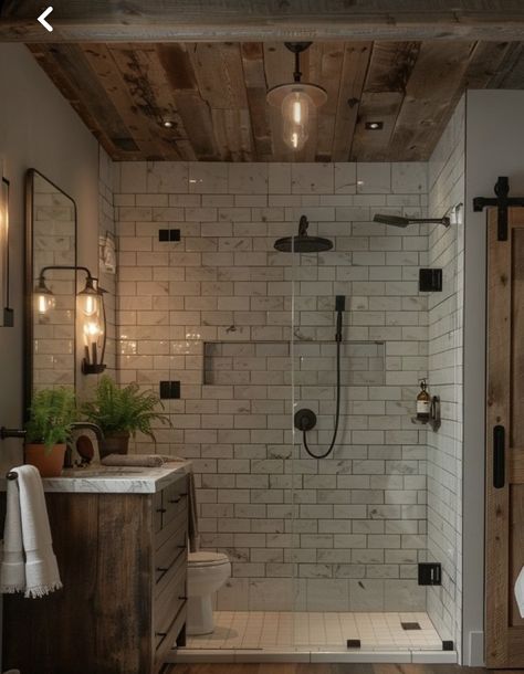 Master Bath Brick Floor, Rustic Home Renovation Ideas, Country Cottage Shower Room, Moody Boho Bathroom Ideas, Modern Rustic Shower Ideas, Farmhouse Bathrooms Rustic, Small Country Bathroom Ideas Farmhouse, Walking Shower Ideas Small Spaces, Rustic Ensuite Bathroom Ideas