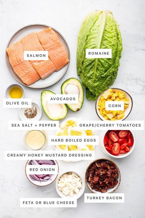 Salmon Cobb Salad Meal Prep Salmon Salad, Cured Salmon Salad, Curry Salmon Salad, Eggs And Salmon, Salmon Cobb Salad Recipe, Creamy Honey Mustard Dressing, Salmon Cobb Salad, Cobb Salad With Salmon, Salmon Superfood Salad