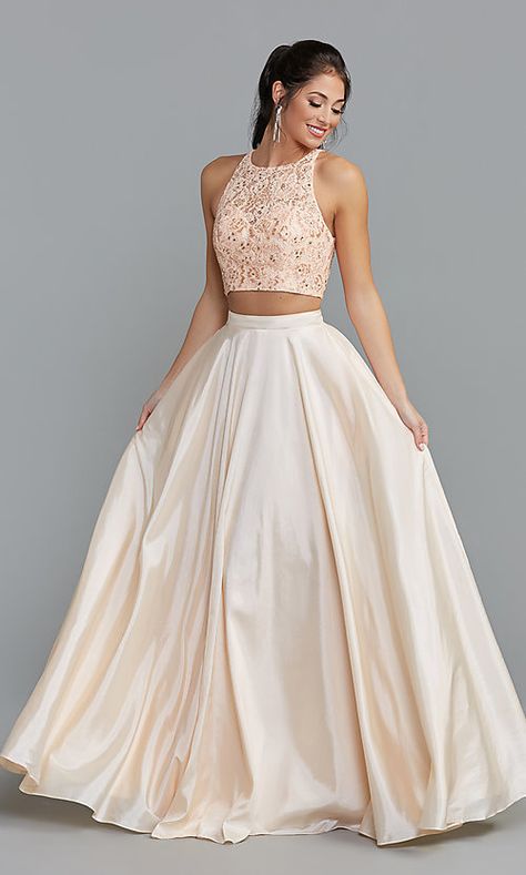 Evening Dresses Prom Two Pieces, Crop Top Prom Dress, Gold Two Piece Prom Dress, Your Month Your Dress, Crop Top With Long Skirt, Indian Prom Dresses, Top With Long Skirt, Formal Dresses Curvy, Wedding Crop Top