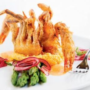 Crispy Buttermilk Soft-Shell Crab with Asparagus, Pickled Red Onion, Pimiento-Cheese Grits, & Roasted Tomato Butter | Charleston SC - Charleston Magazine Crab Recipes Healthy, Soft Shell Crab Recipe, Softshell Crab, Fried Soft Shell Crab, Crab Appetizer, Pickled Red Onion, Hotdish Recipes, Tomato Butter, Pimiento Cheese