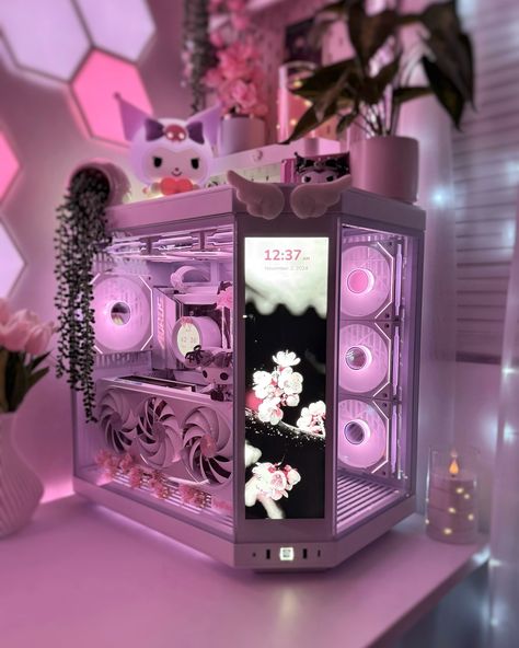 White And Pink Pc Build, Hello Kitty Gaming Setup, Pink Pc Build, Streaming Room, Pink Pc, Cyberpunk Room, Setup Inspiration, Pc Builds, Pc Photo