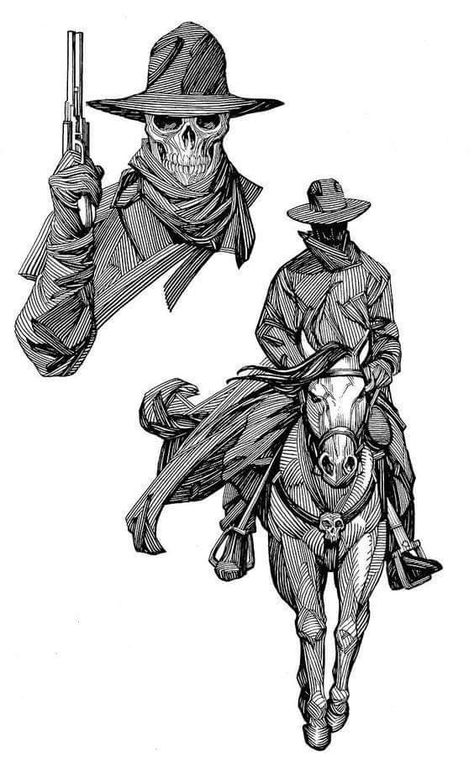 Cowboy Gunslinger Tattoo, Western Sleeve Tattoo For Men, Cowboy Art Drawing, Gunslinger Tattoo, Cowboy Sketch, Cowboy Drawing, Western Gunslinger Art, Cowboy Character Design, Cowboy Tattoos