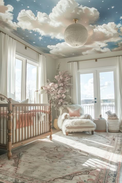 Over The Top Nursery, Royalty Nursery Theme, Nursery Sky Ceiling, Cute Nursery Room, Childrens Nursery Ideas, Best Nursery Themes, Luxury Nursery Ideas, Nursery No Crib, Nursery Accent Wall Wallpaper