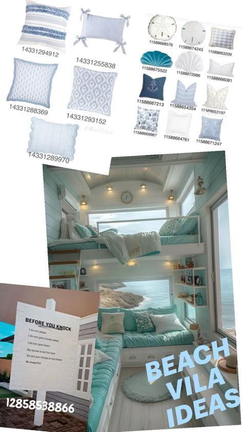 Beach house Bloxburg Beach House, Preppy House, Preppy Decal, Blocksburg Room Ideas￼, Preppy Beach, Bloxburg Ideas, Bloxburg Decal Codes, House Layouts, House Inspo