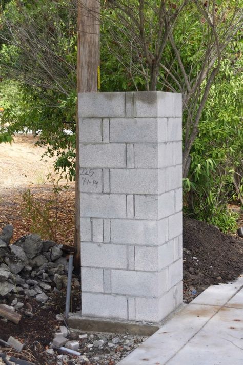 Outdoor Update: Pillars Are Up!…and More Details - Showit Blog Outdoor Pillar Design, Concrete Pillars Ideas, Stone Pillars Driveway Entrance, Brick Gate Pillars, Brick Pillars Driveway Entrance, Mailbox Pillar Stone Columns, Cement Pillar Design, Concrete Pillars Columns, Stone Pillar Fence