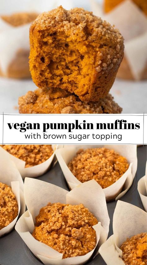 Vegan Pumpkin Muffins, Egg Free Baking, Pumpkin Breakfast, Vegan Pumpkin Recipes, Pumpkin Muffin Recipes, Vegan Baking Recipes, Egg Free Recipes, Vegan Kitchen, Crumb Topping