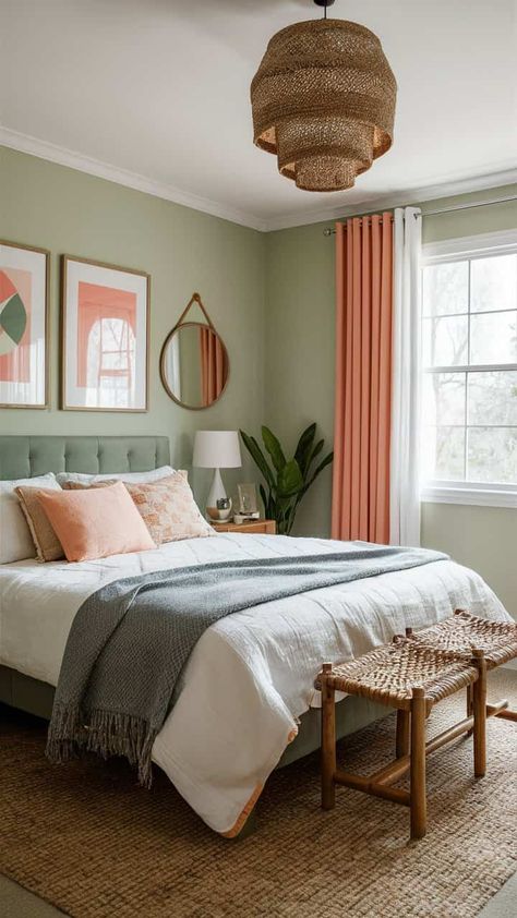 25 Sage Green Bedroom Ideas For Your Home Sage Green Bedroom Ideas, Cottage Bedroom Decor, Peach Bedroom, Cozy Cottage Bedroom, Coral Bedroom, Green Bedroom Ideas, Beachy Bedroom, Black Bedroom Decor, Bedroom Nook