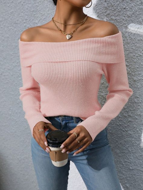 Pink Casual Collar Long Sleeve Knitwear Plain Pullovers Embellished High Stretch All Women Clothing Pink Off Shoulder Top Outfit, Tight Sweater Outfit, Pink Off The Shoulder Sweater, Pink Off Shoulder Top, Long Sleeve Top Outfit, Off The Shoulder Top Outfit, Shoulder Tops Outfit, Pull Rose, Tight Sweater