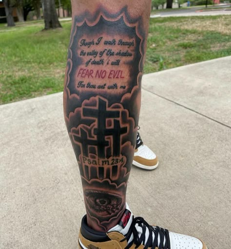 Blessed Leg Tattoo, Fear God Tattoo Men Leg, Leg Tattoo Black Men, Leg Tats Men, Leg Tattoos Men, Leg Tattoos For Guys, Christian Tattoos Men, Calf Sleeve Tattoo, Tattoos For Guys Forearm