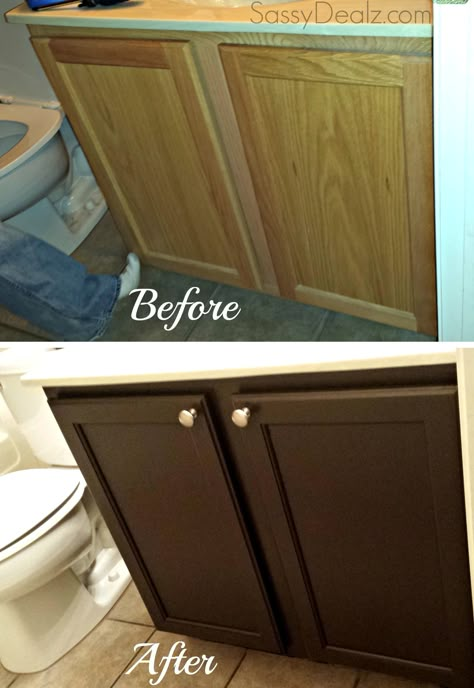 Rustoleum Cabinet Transformation Review (Before and after pictures) #Espresso chocolate brown #Refinishing bathroom cabinets #Makeover #Upgrade on a budget | http://www.sassydealz.com/2014/01/rustoleum-cabinet-transformation-review.html Rustoleum Cabinet Transformation, Rustoleum Cabinet, Cabinet Transformations, Crafty Morning, Rust Oleum, After Pictures, Bathroom Redo, Bathroom Renos, Home Upgrades