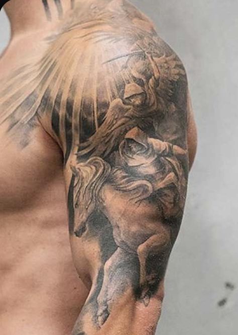 Knight Tattoo, Men Tattoos Arm Sleeve, Mens Shoulder Tattoo, Angel Tattoo Designs, Mythology Tattoos, Chest Tattoo Men, Greek Tattoos, Tattoo Style Drawings, Hand Tattoos For Guys