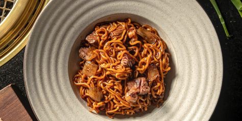 The $18 ram-don dish at Cote combines two types of popular instant ramen noodles with American wagyu beef. Ram Don, Instant Ramen, Wagyu Beef, Udon Noodles, Korean Dishes, Instant Noodle, Nyc Restaurants, Noodle Dishes, Ramen Noodles