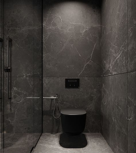 Dark Gray Bathroom, Grey Bathrooms Designs, Dark Bathrooms, Girly Apartment Decor, Black Toilet, Powder Room Design, Grey Bathroom, Interior Minimalista, Gorgeous Bathroom