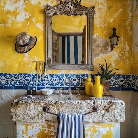 Sicilian Decor, Italian Interior, Yellow Bathrooms, Mediterranean Homes, Luxury House Designs, Dream House Decor, Bathroom Inspiration, House Inspiration, Bathroom Interior Design