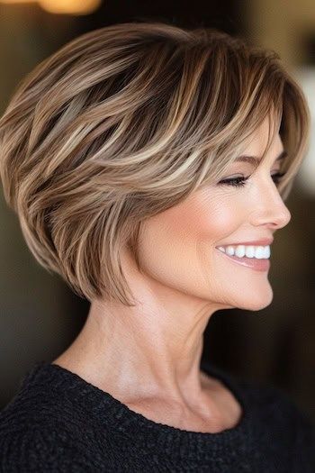 Save this pin for the best bob haircuts for women over 50. The stacked back of this layered bob gives your hair a lift, making it look fuller and thicker. Feathered layers at the ends add softness, creating a flattering shape that stands out with highlights. Bob Haircut With Flipped Ends, Stacked Bob Haircuts For Women Over 50, Bob Haircuts For Women Over 50, Angled Bob With Layers, Short Stacked Bob Haircuts, Feathered Layers, Short Stacked Bobs, Feathered Bob, Graduated Bob Haircuts