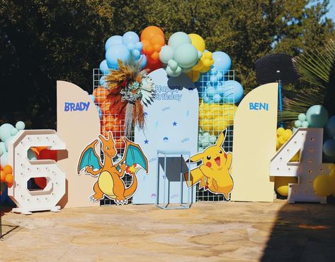 One backdrop for two birthday boys ✨left side is for@Brady who is turning 6 and is in love with Charrizard Pokémon 🧡 and right side is… | Instagram Pokemon Party Backdrop, Pokemon Backdrop, Second Birthday Boys, Floral Wedding Veils, Pokémon Birthday, Birthday Party At Park, Pokémon Party, Two Birthday, Park Birthday