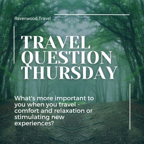 Travel Question Thursday #ravenwoodtravel #travelquestion #travel #travelling   #travelfun #questionandanswer #traveltrivia Travel Agent Quotes, Travel Questions, Travel Advisor, Travel Comfort, Travel Agent, Post Ideas, Travel Quotes, Trip Advisor, New Experience