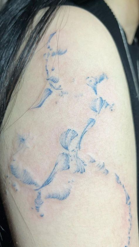 Blue Fineline Tattoo, China Blue Tattoo, Blue And White Tattoo, Blue Color Tattoo, Blue Porcelain Tattoo, Light Blue Tattoo, Korean Tattoo Ideas, Blue Ink Tattoo, Blue Ink Tattoos