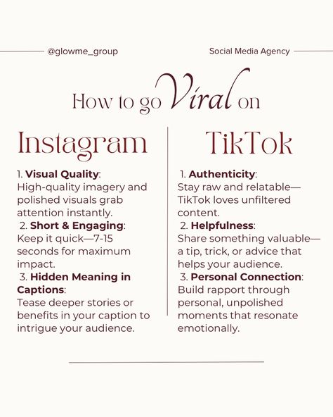 📌Save this post to make a viral-potential content every time you post! Both platforms, Instagram and TikTok, thrive on different content strategies, and understanding them will make all the difference! We prepared the key elements you need to focus on to create successful videos tailored to each. Whether it’s the polish on Instagram or authenticity on TikTok—each platform has its strengths! ✨Follow us for more insights and let’s grow your social media together! _____________ #howtogovi... How To Build Instagram Followers, How To Post On Tiktok, Grow Your Social Media, How To Gain, Mom Life Quotes, More Followers, Content Strategy, Side Hustle, Content Creator