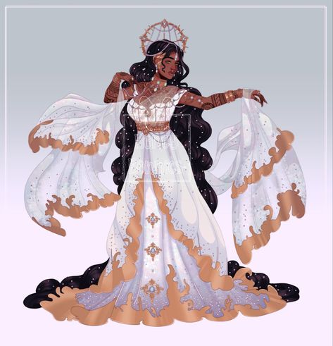 Female Goddess Outfit, Sun Goddess Black Woman, Godess Character Designs, God Like Outfits, Godess Outfits Design, Fantasy Goddess Outfit, Kingdom Of God Art, Godlike Character Designs, God Clothes Design