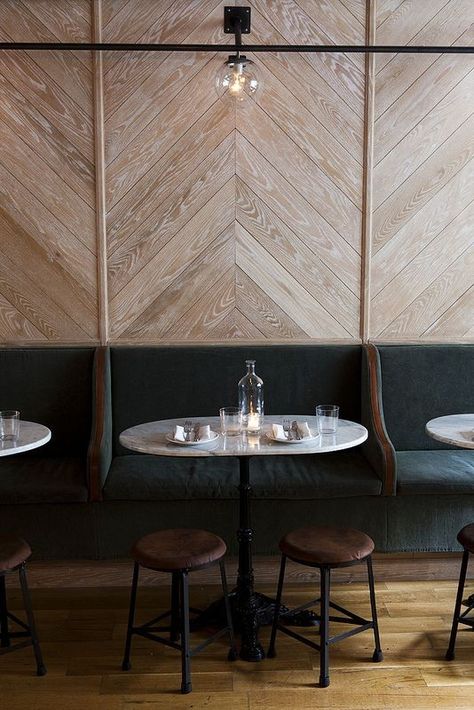 Trend alert. The East Pole Restaurant in NYC features a chevron-paneled wall; photograph by Nicole Franzen. Café Design, Design Café, Banquette Seating, Restaurant Ideas, Design Del Prodotto, Hotel Decor, Adirondack Chairs, Hospitality Design, Restaurant Interior