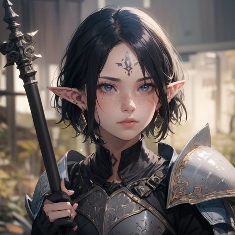 Elf Short Hair, Elf Black Hair, Portrait Short Hair, Staff Tattoo, Elf Knight, Forest Elf Aesthetic, Tiara Blue, Eyes Jewelry, Fantasy Kingdom