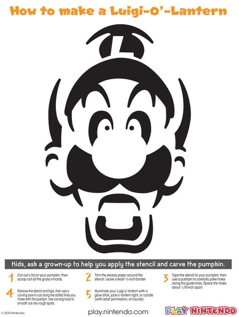 Luigi Jack-O-Lantern Face Printable - Play Nintendo. Luigi Pumpkin Carving, Luigi Pumpkin, Jackolantern Face, Mario Pumpkin, Free Printable Pumpkin Carving Stencils, Nintendo Crafts, Pumpkin Carving Stencils Templates, Face Printable, Halloween Pumpkin Stencils