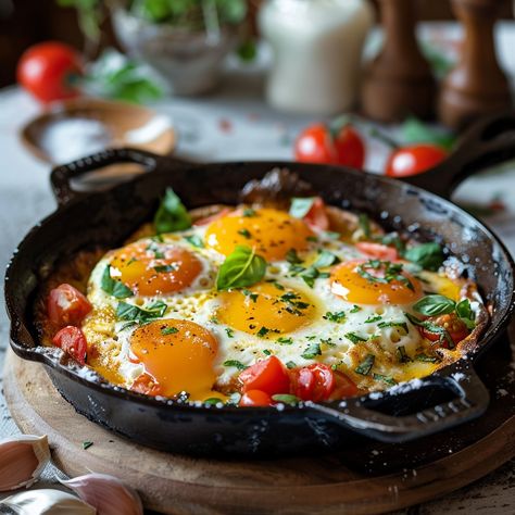 Rustic Skillet Eggs with Fresh Tomatoes and Herbs 🍳🍅 Start your day with a hearty and delicious breakfast! This Rustic Skillet Eggs with Fresh Tomatoes and Herbs recipe is perfect for a leisurely brunch or a cozy weekend breakfast. Ingredients: 4 large eggs 1 cup cherry tomatoes, halved 2 tablespoons olive oil 1 garlic clove, minced Salt and pepper to taste Fresh basil leaves, chopped Fresh parsley, chopped Preparation: Heat the Skillet: Heat the olive oil in a large skillet over medium hea... Healthy Mediterranean Breakfast, Skillet Eggs, Sandwich Cafe, Homestyle Meatloaf, Mediterranean Breakfast, Cozy Weekend, Breakfast Ingredients, Herb Recipes, Campfire Food