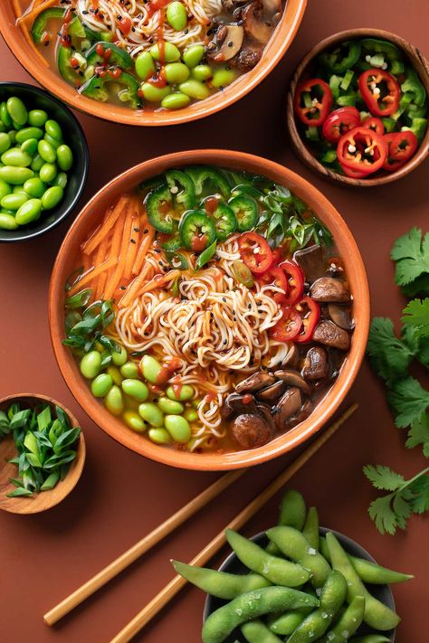 Vegan Ramen Bowls with Edamame and Mushrooms Edamame Soup Recipes, Tofu And Edamame Recipes, Ramen With Edamame, Rice Edamame Bowl, At Home Ramen, Veg Ramen Bowl, Vegetarian Aesthetic, Ramen Aesthetics, Soba Noodle Edamame Salad