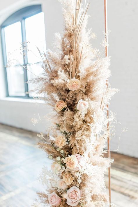 Boho Wedding Altar Ideas, Dried Flower Arch, Neutral Wedding Florals, Paige Wedding Dress, Acrylic Chairs, Silver Wedding Dress, Hayley Paige Wedding, Hayley Paige Wedding Dress, Boho Wedding Ceremony