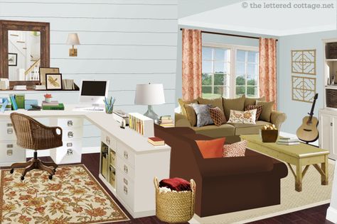 Notice the office/living space in a large room.  This arrangement would work very nicely in a basement or bonus room. Living Room Office Combo, Living Room And Kitchen, Desk In Living Room, Dining Room Combo, Trendy Living Rooms, Craft Room Office, Living Room Remodel, Family Room Design, Home Office Space