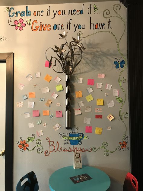 Instagram Wall Ideas Cafe, Feedback Wall Ideas For Cafe, Cafe Statement Wall, Break Room Makeover, Coffee Shop Statement Wall, Creative Cafe Interior Coffee Shop, Pay It Forward Board, Canteen Wall Design, Hole In The Wall Cafe