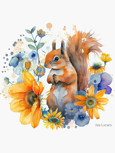 Cute watercolor squirrel with yellow and blue flowers by ilzesgimene Squirrel Tattoos, Squirrel Cute Art, Painting Squirrels, Squirrel Painting Acrylic, Painted Squirrel, Watercolor Squirrel, Squirrel Watercolor, Squirrel Watercolor Illustration, Squirrel Tattoo