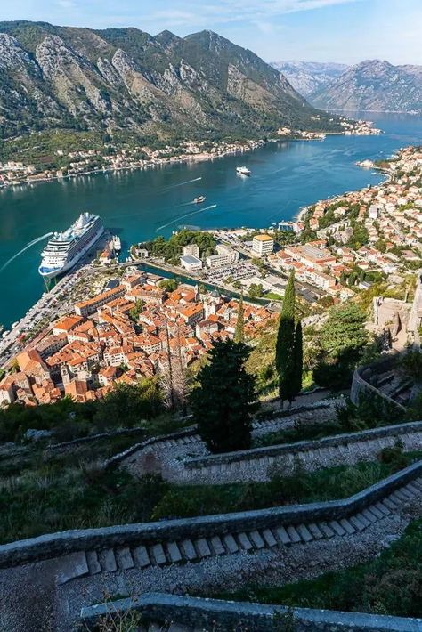 Climbing up the city walls to Kotor Fortress is well worth the effort. You will be rewarded with amazing views of Kotor and the beautiful Kotor Bay! #Kotor #BayOfKotor #Hiking #Montenegro #AncientFortress Kotor Bay Montenegro, Bay Of Kotor, Kotor Croatia, Hiking Montenegro, Montenegro Vacation, Montenegro Beach, Montenegro Kotor, Gap Year Travel, Montenegro Travel