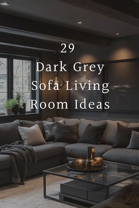 Grey With Black Accents Living Room, Dark Grey Couch Inspiration, Modern Living Room Grey Sectional, Curtains Living Room Grey Floor, Styling A Grey Leather Sofa, Dark Grey Built Ins Living Room, Gray Couch White Walls Living Room, Coffee Tables With Dark Grey Couches, Moody Living Room With Grey Couch